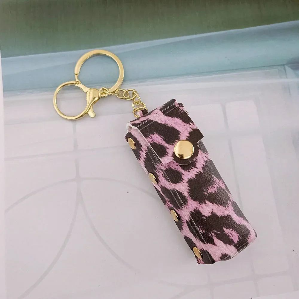 New Portable Lipstick Bag Packet Leopard Print Keychain Mini Leather Backpack Hangings Key Chain Ring Small Keyring Gift