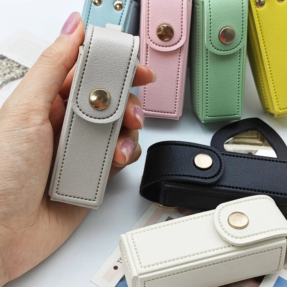 New Portable Lipstick Bag Packet Heart Mirror Keychain Mini Leather Custom Logo Name Key Chain Ring Small Versatile Keyring Gift