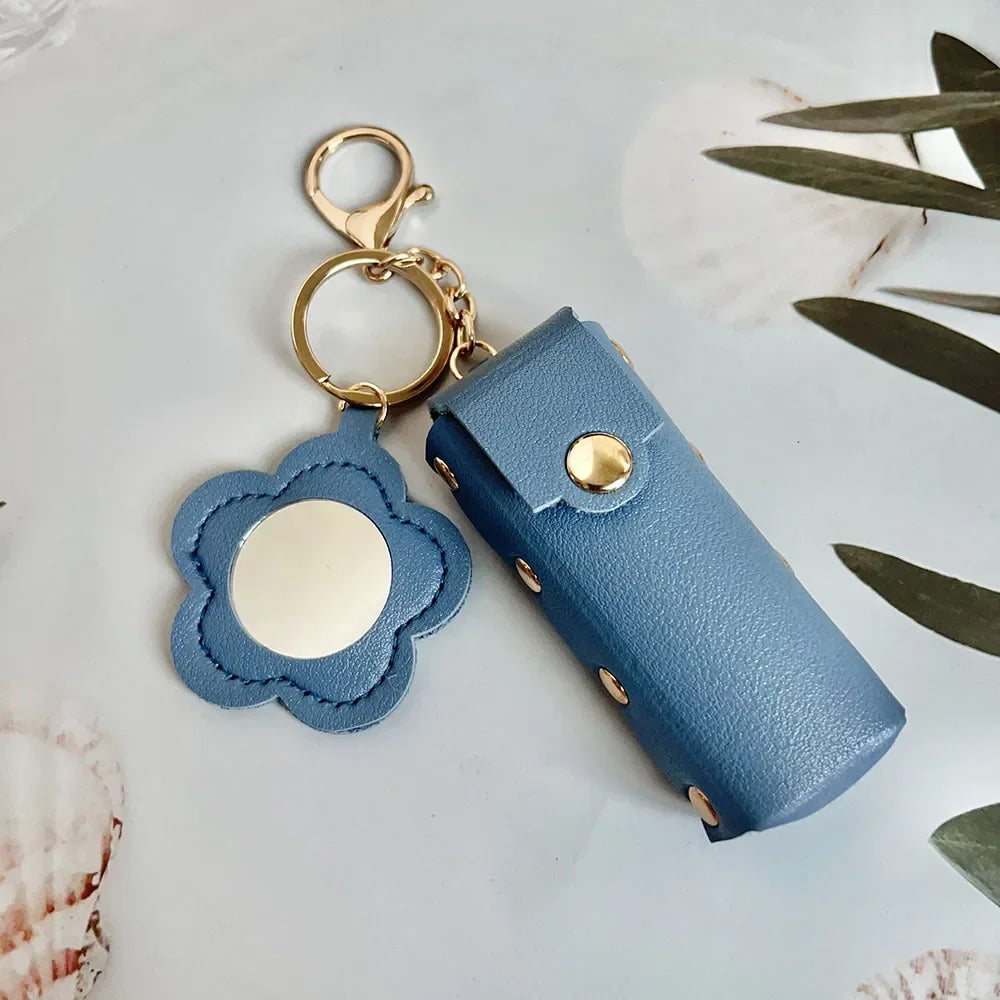 New Portable Lipstick Bag Packet Flower Mirror Keychain Mini Leather Backpack Hangings Key Chain Ring Small Keyring Gift