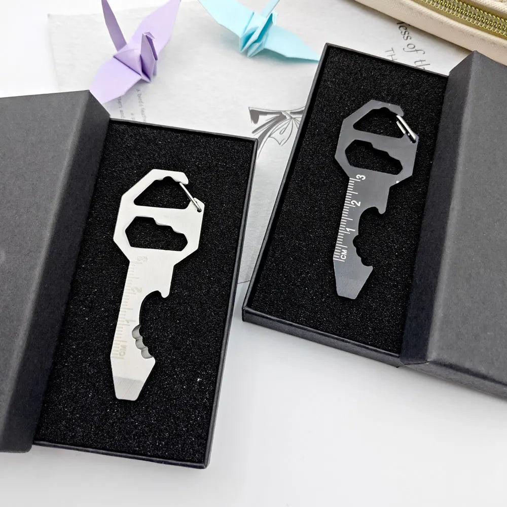 Multi-use Stainless Keychain 6 in 1 Tool Keyring Bottle Opener Wrench Screwdriver Measuring Ruler Key Chain Ring Multitool Gift