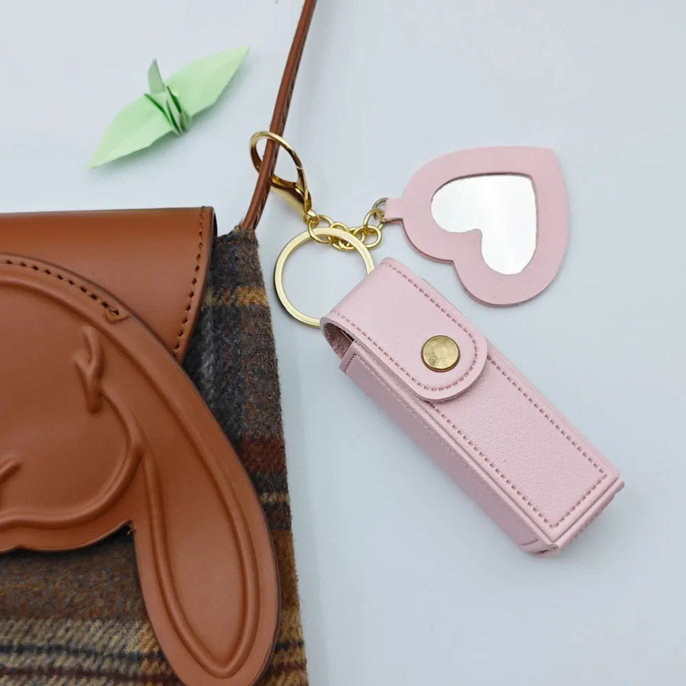 New Portable Lipstick Bag Packet Heart Mirror Keychain Mini Leather Custom Logo Name Key Chain Ring Small Versatile Keyring Gift
