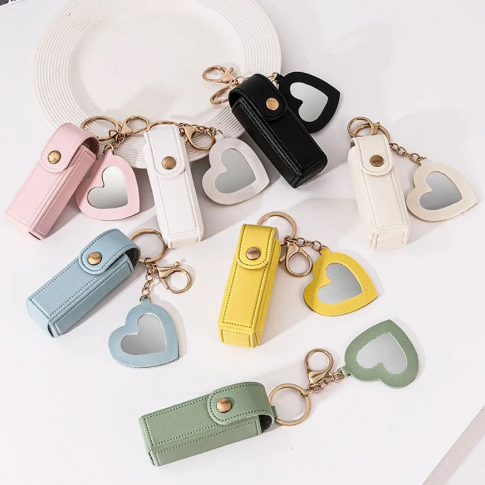 New Portable Lipstick Bag Packet Heart Mirror Keychain Mini Leather Custom Logo Name Key Chain Ring Small Versatile Keyring Gift