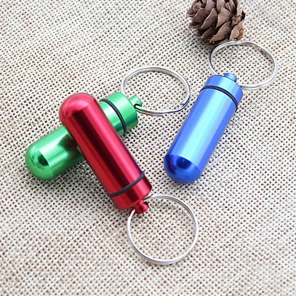 Custom Logo Name Portable Medicine Bottle Metal Mini Pendant Keychain Hanging Bottle Seal Up Waterproof Container Keyring Gift