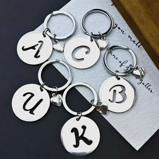1PCS/2PCS Popular A-Z  Round Brand Stainless Steel Keychain 26 Letter Keyring  Pendant Key Ring Buckle Chains for Car Moto Gift