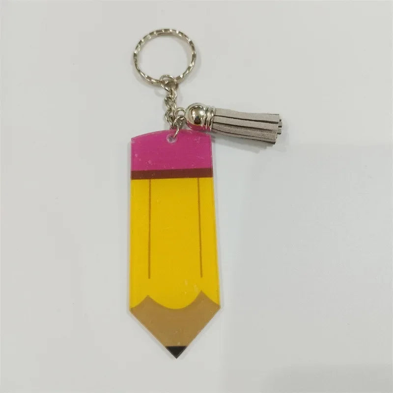 Hot Personalized Custom Pen Acrylic Logo Name Keychain Engraved Engraving Keyring Key Chain Ring Pencil Tassels Metal Gift