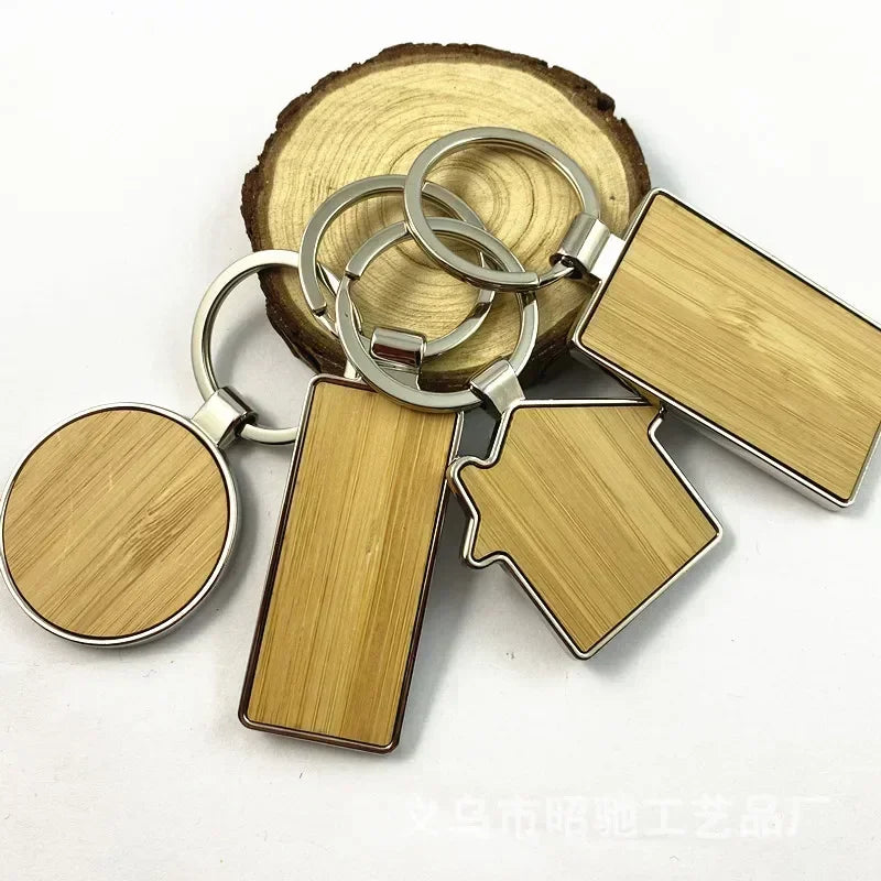 Custom LOGO Name Round Solid Beech Wood Keychain DIY Personalized Wooden Engraved Keyring Making Key Chain Ring Square Gift