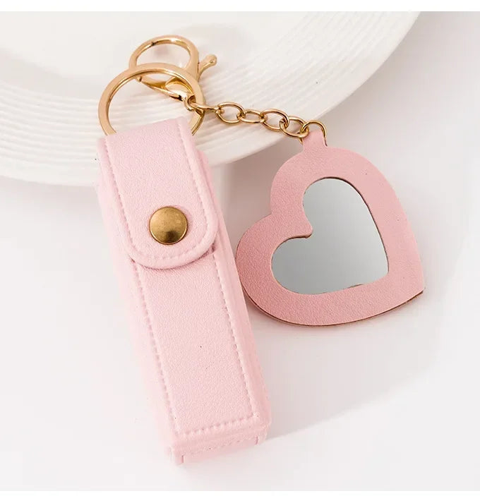 New Portable Lipstick Bag Packet Heart Mirror Keychain Mini Leather Custom Logo Name Key Chain Ring Small Versatile Keyring Gift