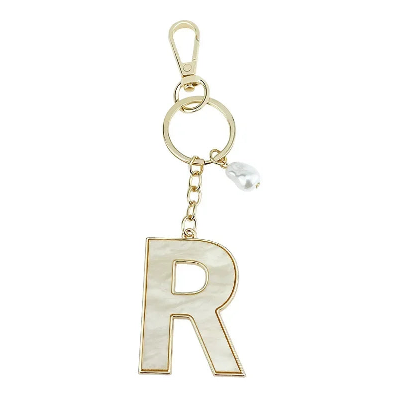 Fashion Pendant Keychain with Luxury Pearl Decoration A-Z Initials Keyring Couples Metal Initial Pendant DIY Gift for Men Women
