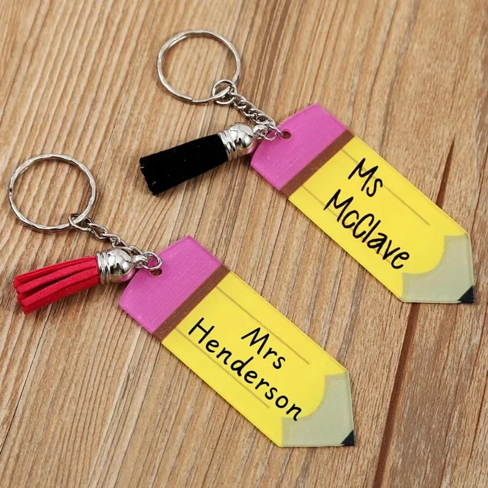 Hot Personalized Custom Pen Acrylic Logo Name Keychain Engraved Engraving Keyring Key Chain Ring Pencil Tassels Metal Gift