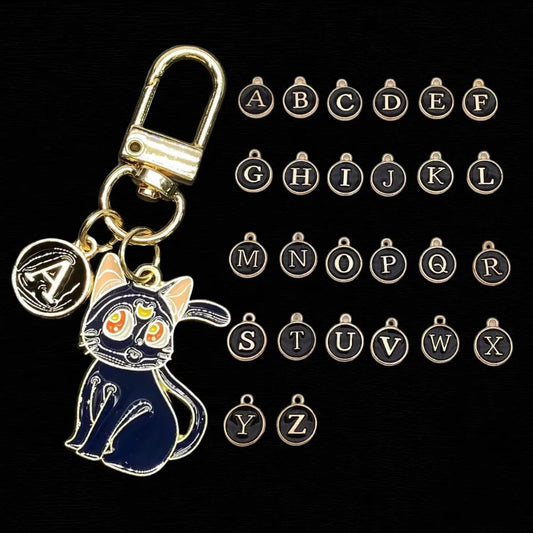 Cartoon A-Z 26 Letter Black and White Cat Keychain Bestie Couple Style Keyring Cute Backpack Car Motorcyle Pendant Key Ring Gif