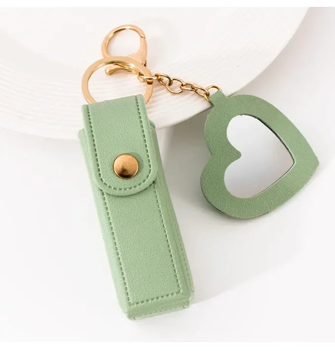 New Portable Lipstick Bag Packet Heart Mirror Keychain Mini Leather Custom Logo Name Key Chain Ring Small Versatile Keyring Gift
