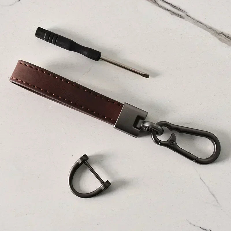 Custom LOGO Name Genuine Leather Portable Car Keychain Creative and Simple Key Chains High-end Elite Keyring Small Pendant Gift