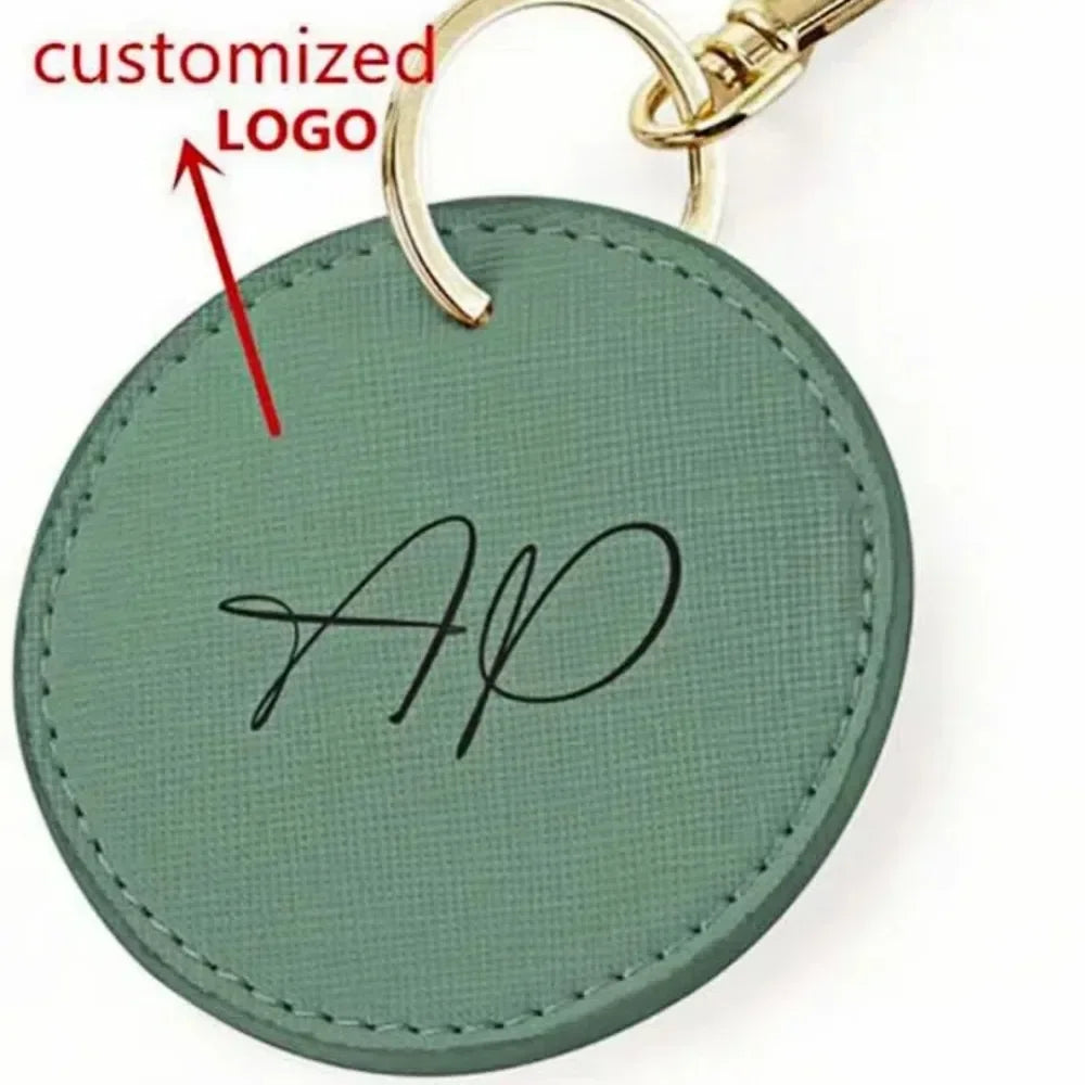 Customized Logo Name Personalized Round Leather Keychain Hot Stamping Keyring Carving Key Chain for Women Handbag Pendant Gift