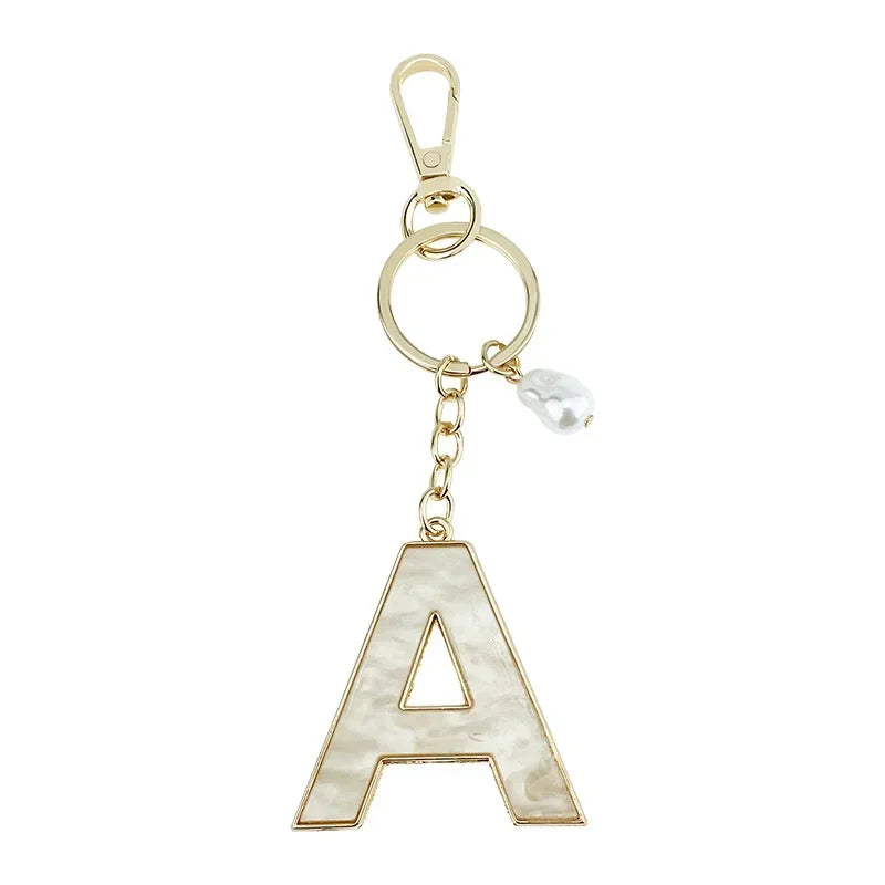 Fashion Pendant Keychain with Luxury Pearl Decoration A-Z Initials Keyring Couples Metal Initial Pendant DIY Gift for Men Women