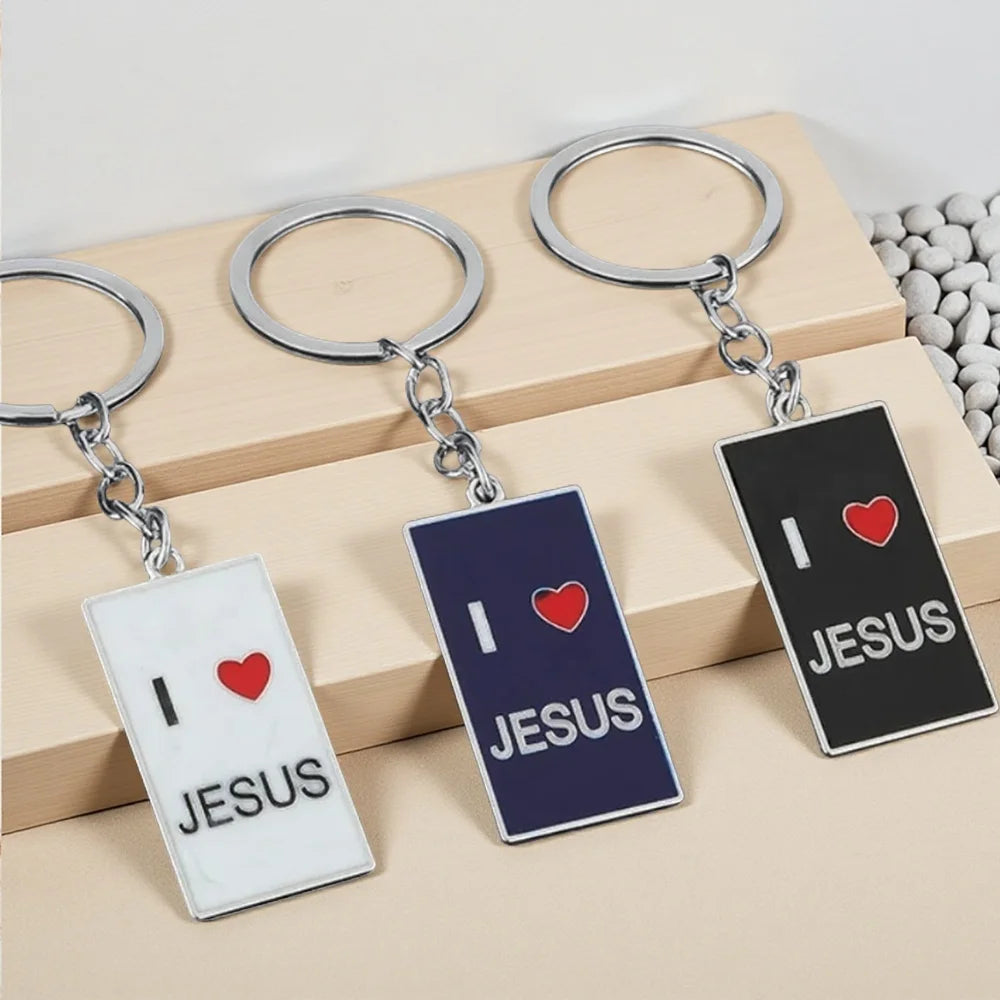 Originality Color Metal Keychain I Love Jesus Pendant Keyring Personalization Car Moto Square Key Chain Ring Backpack Gift
