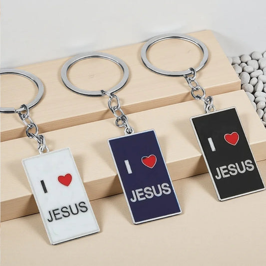 Originality Color Metal Keychain I Love Jesus Pendant Keyring Personalization Car Moto Square Key Chain Ring Backpack Gift