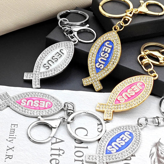 Cartoon Metal Fish Shaped Keychain Originality I Love Jesus Letter Keyring Shining Car Creative Key Chain Ring Souvenir Gift