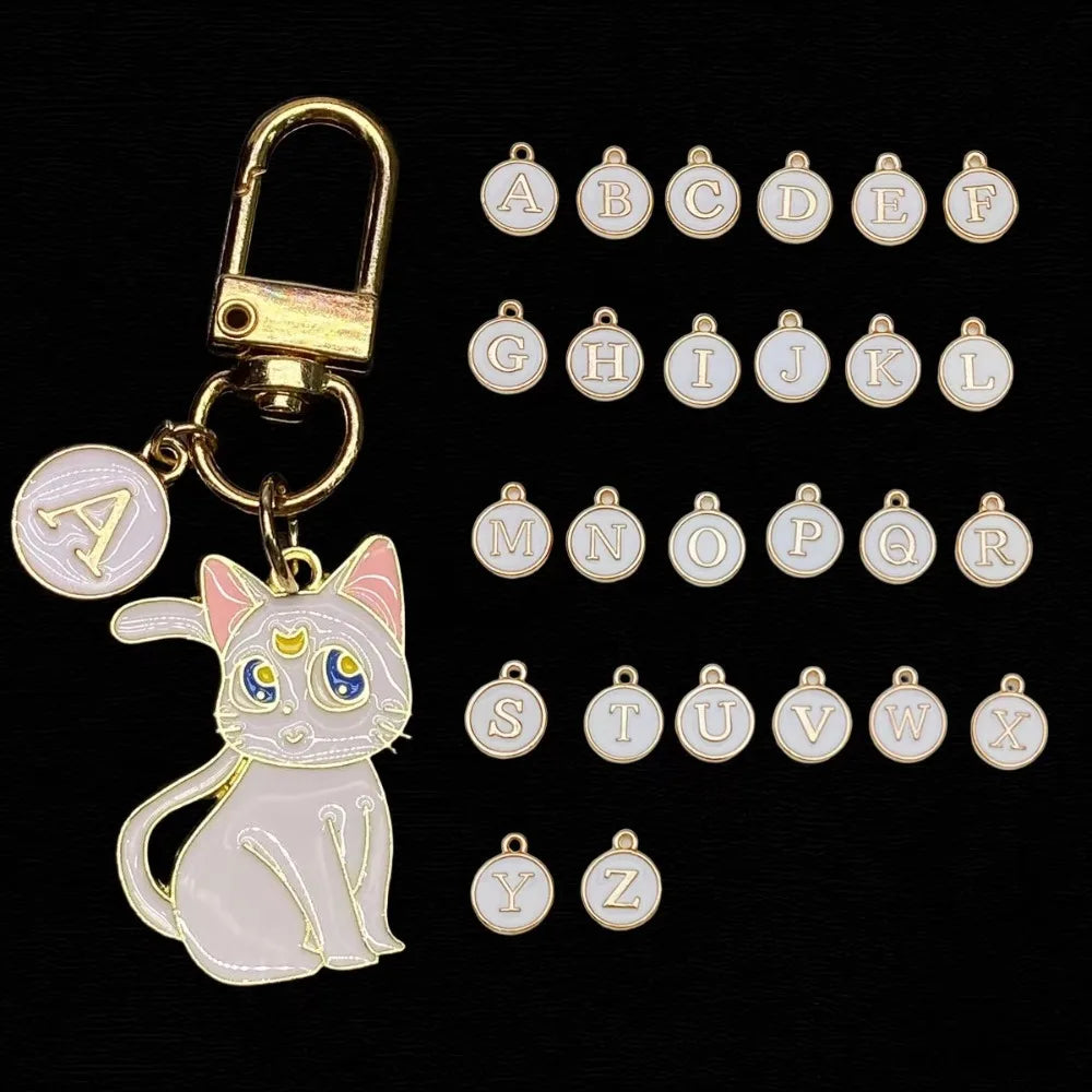 Cartoon A-Z 26 Letter Black and White Cat Keychain Bestie Couple Style Keyring Cute Backpack Car Motorcyle Pendant Key Ring Gif