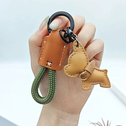 Cartoon Law Fighting Dog Keychain Woven Rope Keyring Custom Name Leather Key Chain Ring Scratch Resistant Prevent Loss Bag Gift