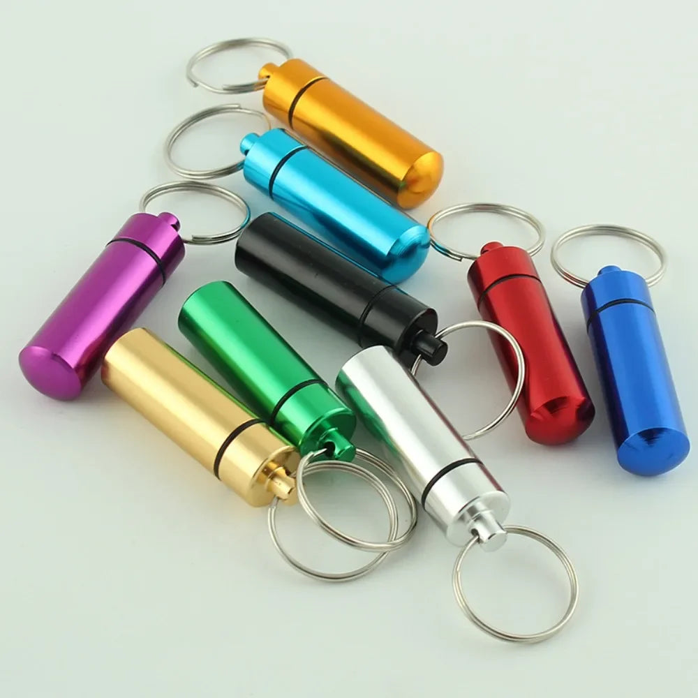 Custom Logo Name Portable Medicine Bottle Metal Mini Pendant Keychain Hanging Bottle Seal Up Waterproof Container Keyring Gift
