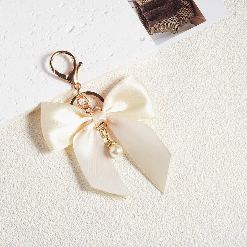 Ins Style  Cute Silk Ribbon Cloth Butterfly Keychain Backpack Pendant Moto Car Keyring Color Pearl for Woman Key Ring Chain Gift