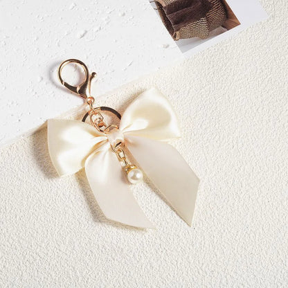 Ins Style  Cute Silk Ribbon Cloth Butterfly Keychain Backpack Pendant Moto Car Keyring Color Pearl for Woman Key Ring Chain Gift