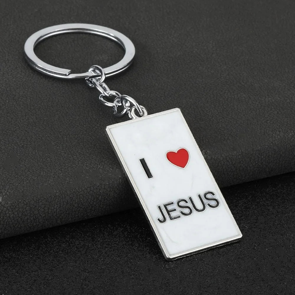 Originality Color Metal Keychain I Love Jesus Pendant Keyring Personalization Car Moto Square Key Chain Ring Backpack Gift
