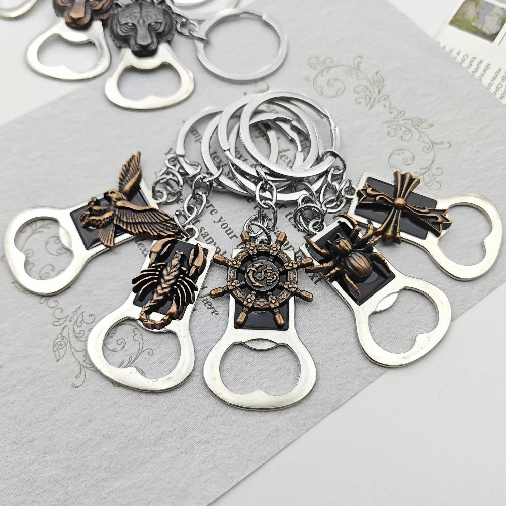 Relief Animal Bronze Color Keychain Metal Tiger Head Bottle Opener Keyring Portable Key Chain Ring for Collectible Souvenir Gift