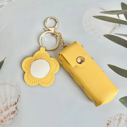 New Portable Lipstick Bag Packet Flower Mirror Keychain Mini Leather Backpack Hangings Key Chain Ring Small Keyring Gift