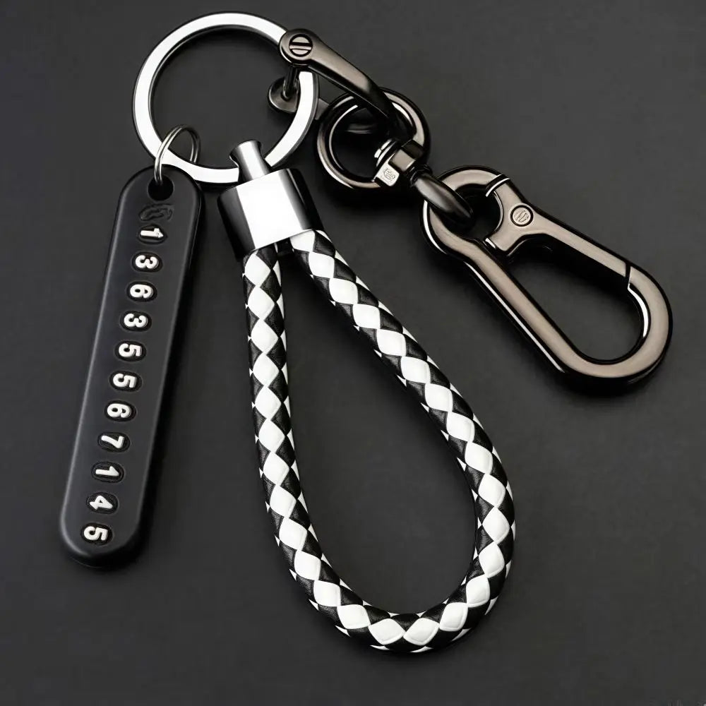 Trendy DIY Mobile Phone Number Plate Keychain Simple Woven Rope Leather Pendant Keyring Anti-lost Car Moto Key Chain Ring Gift