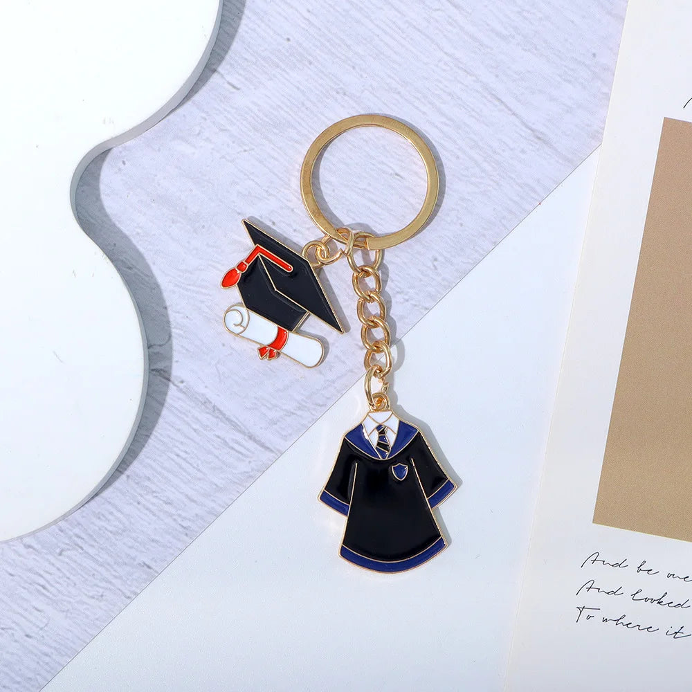 Originality Graduate School Uniform Hat Metal Keychain Pendant Moto Car Keyring Cartoon Commemorate Key Ring Chain Gift