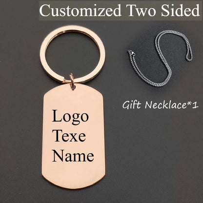 Customized LOGO Name Stainless Steel Keychain Laser Carving Pendant Keyring Motorcycle Car for Men and Women Key Ring Chain Gift
