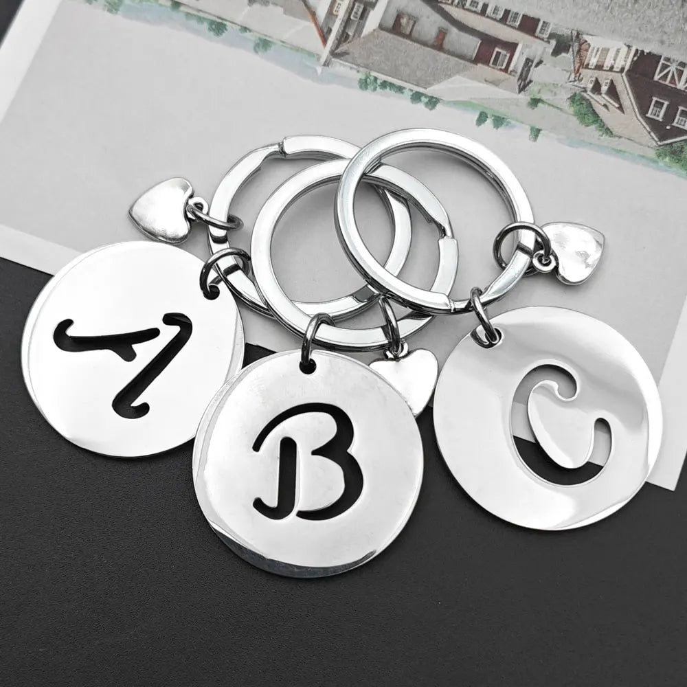 1PCS/2PCS Popular A-Z  Round Brand Stainless Steel Keychain 26 Letter Keyring  Pendant Key Ring Buckle Chains for Car Moto Gift