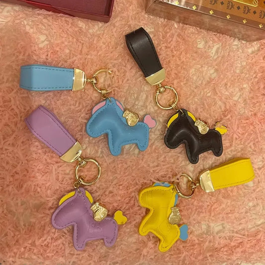 Custom Laser Engraving Name Originality Cowhide Metal Pony Multi Color Keychain Car Moto Keyring Key Ring Buckle Chains Gift