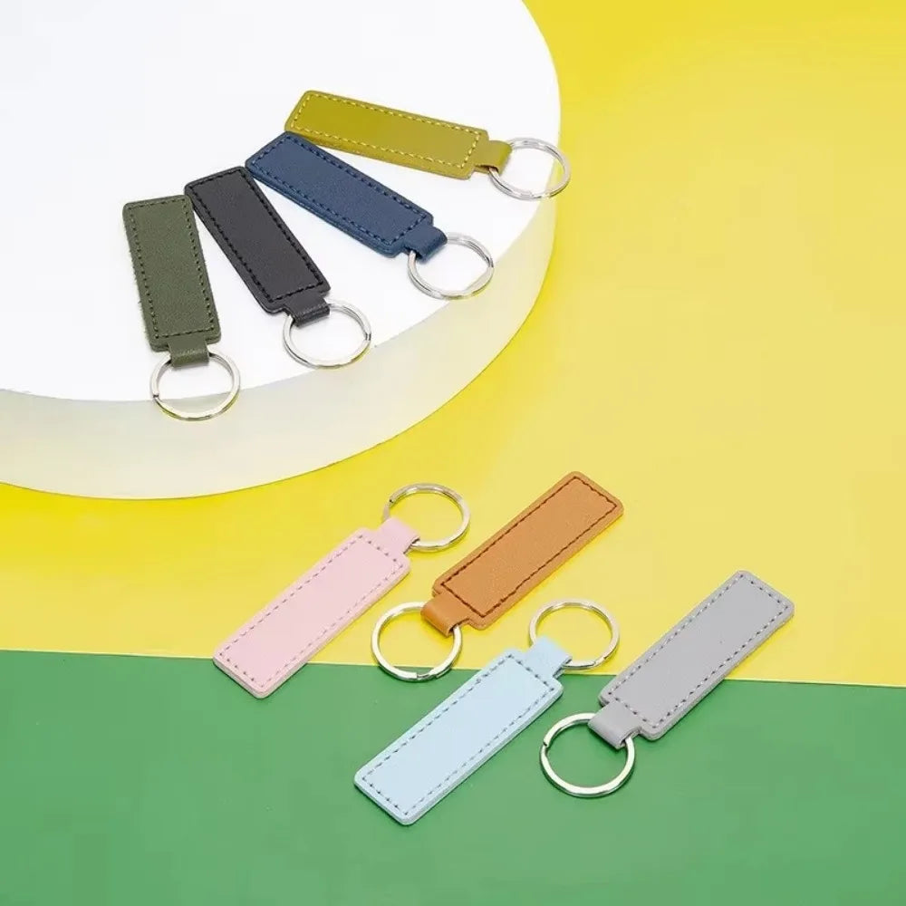 Custom Logo Name PU Leather Keychain Double-sided Wire Bag Car Moto Metal Keyring Pendant Simple Pendant for Men and Women Gift