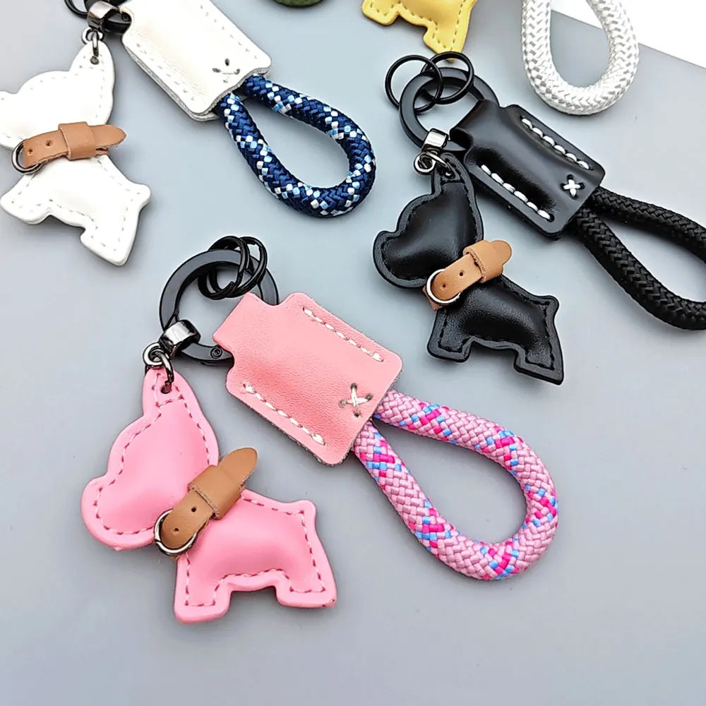 Cartoon Law Fighting Dog Keychain Woven Rope Keyring Custom Name Leather Key Chain Ring Scratch Resistant Prevent Loss Bag Gift