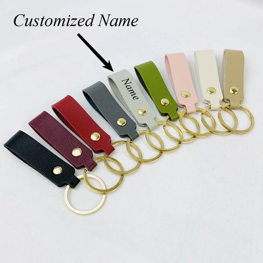 Creative Simple Solid Color PU Short Leather Keychain Customized Name Logo Text Keyring Car Moto Pendant Key Chain Ring Gift