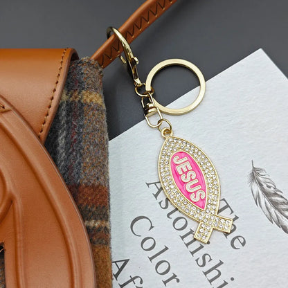 Cartoon Metal Fish Shaped Keychain Originality I Love Jesus Letter Keyring Shining Car Creative Key Chain Ring Souvenir Gift