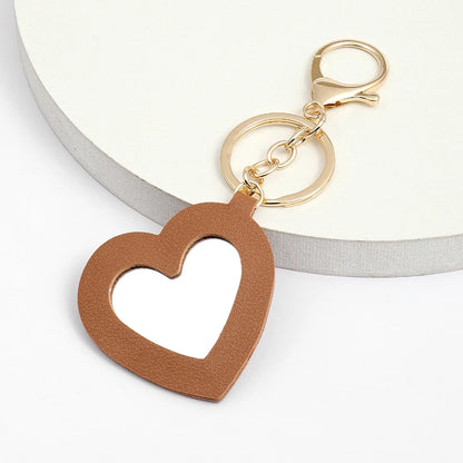 Custom  LOGO Name Leather Put on Makeup Mirror Keychain Love Core Heart Keyring for Woman Pendant Key Ring Chain Gift