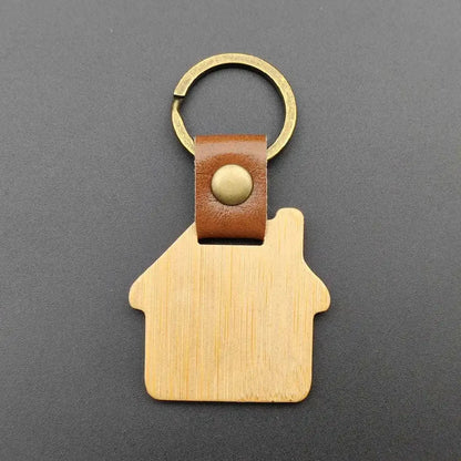 Custom Logo Name Wood Leather Keychain Shield House Circle Rectangle Keyring Key Chain Ring Individualization Originality Gift