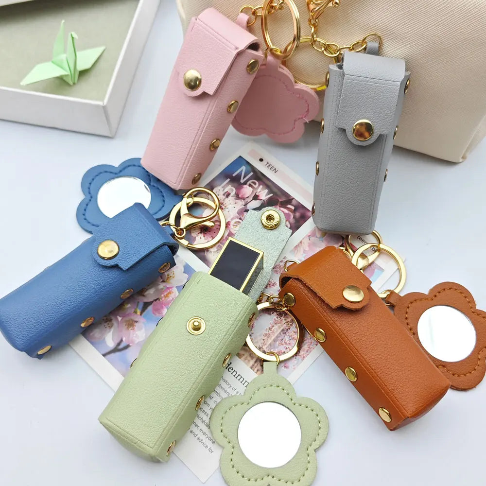 New Portable Lipstick Bag Packet Flower Mirror Keychain Mini Leather Backpack Hangings Key Chain Ring Small Keyring Gift