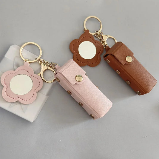 New Portable Lipstick Bag Packet Flower Mirror Keychain Mini Leather Backpack Hangings Key Chain Ring Small Keyring Gift