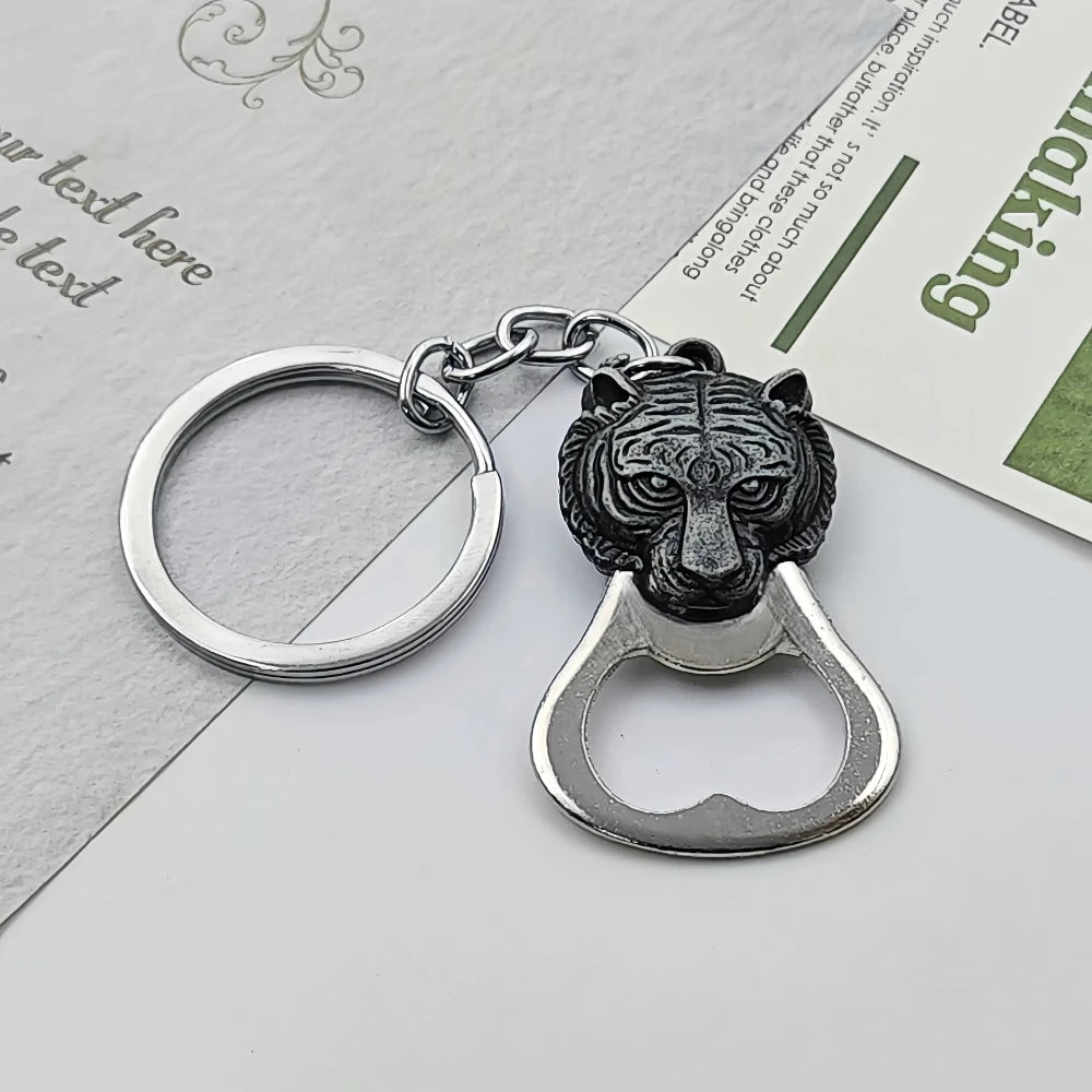 Relief Animal Bronze Color Keychain Metal Tiger Head Bottle Opener Keyring Portable Key Chain Ring for Collectible Souvenir Gift