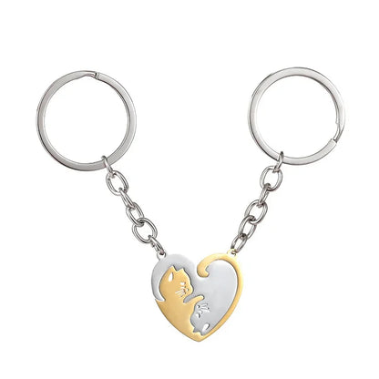 Lovers Black and White Matching Cat Keychain Metal Pendant Creative Bag Keyring Patchwork Heart Cute Key Chain Ring Couple Gift