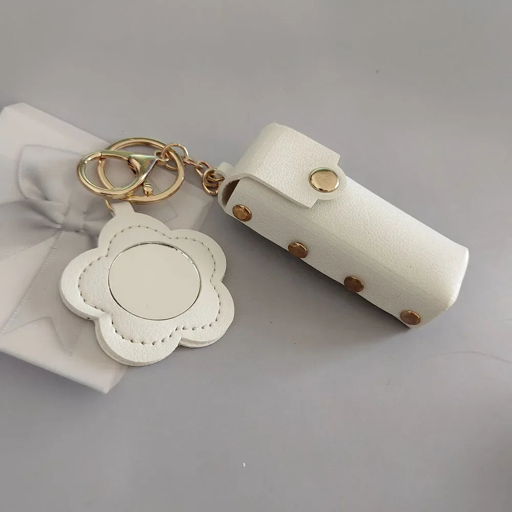 New Portable Lipstick Bag Packet Flower Mirror Keychain Mini Leather Backpack Hangings Key Chain Ring Small Keyring Gift