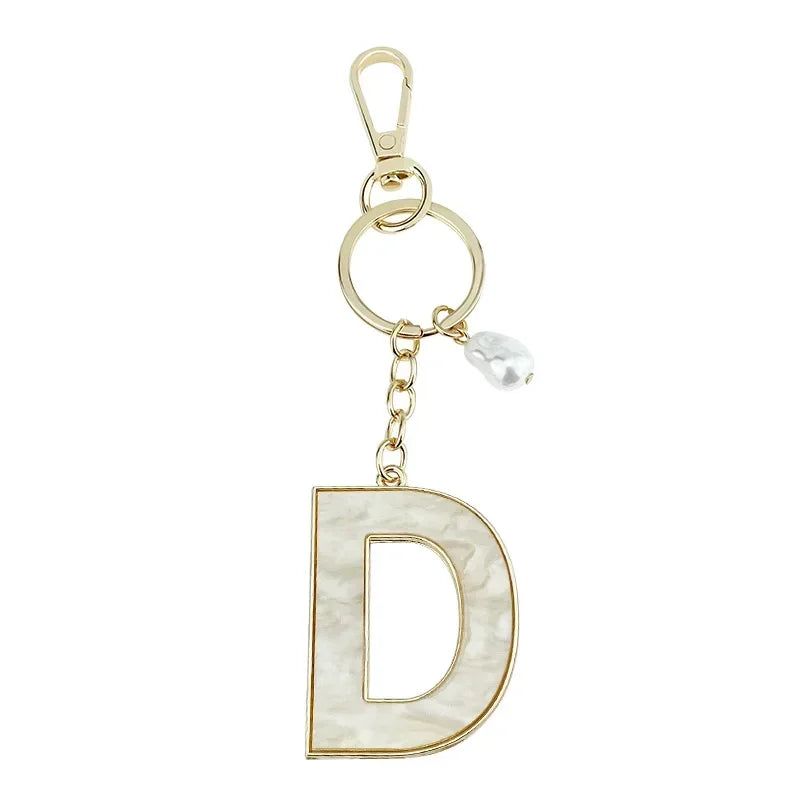 Fashion Pendant Keychain with Luxury Pearl Decoration A-Z Initials Keyring Couples Metal Initial Pendant DIY Gift for Men Women