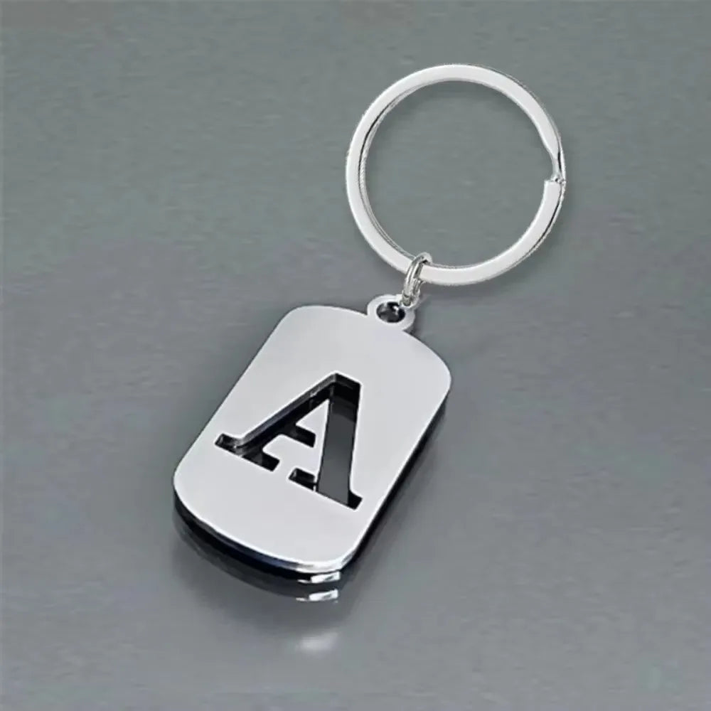 Popular A-Z Square Brand Stainless Steel Keychain 26 Letter Keyring Pendant Key Ring Buckle Chains for Car Motorcyle Gift