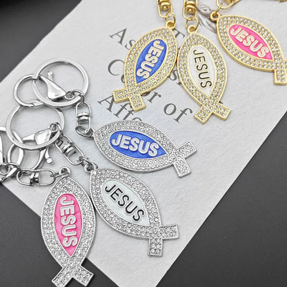 Cartoon Metal Fish Shaped Keychain Originality I Love Jesus Letter Keyring Shining Car Creative Key Chain Ring Souvenir Gift