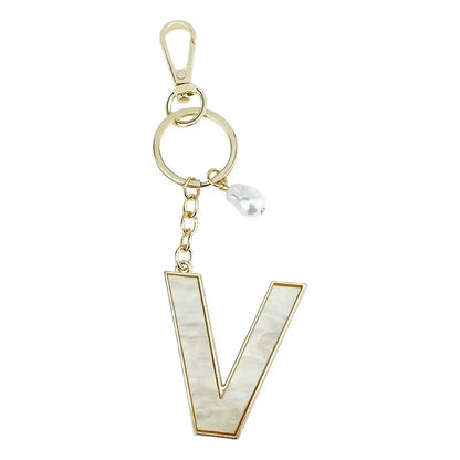 Fashion Pendant Keychain with Luxury Pearl Decoration A-Z Initials Keyring Couples Metal Initial Pendant DIY Gift for Men Women