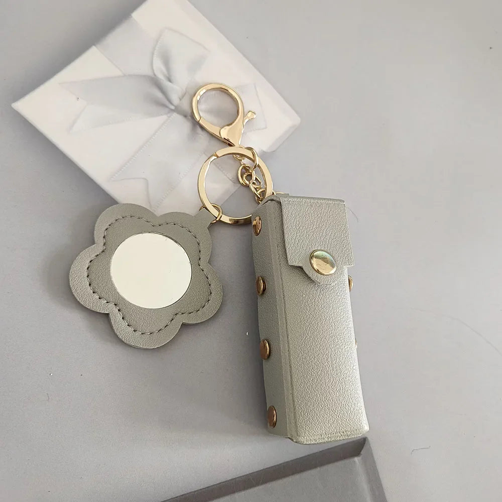 New Portable Lipstick Bag Packet Flower Mirror Keychain Mini Leather Backpack Hangings Key Chain Ring Small Keyring Gift